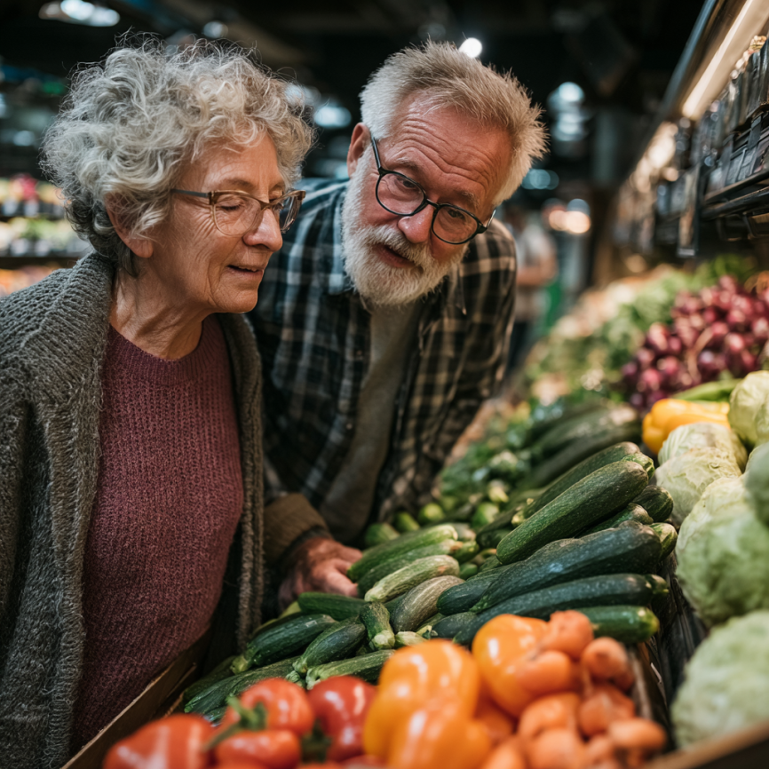 Літня пара готує здорову їжу разом на кухні